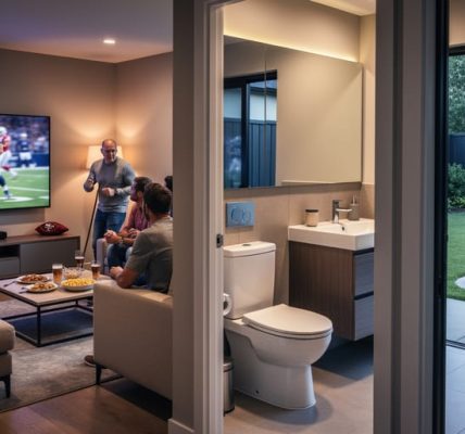 Modern living room hosting a sports watch party with an adjacent bathroom showing a dual-flush toilet and faucet, plus a backyard view of a septic access cover, illustrating increased septic load during gatherings.