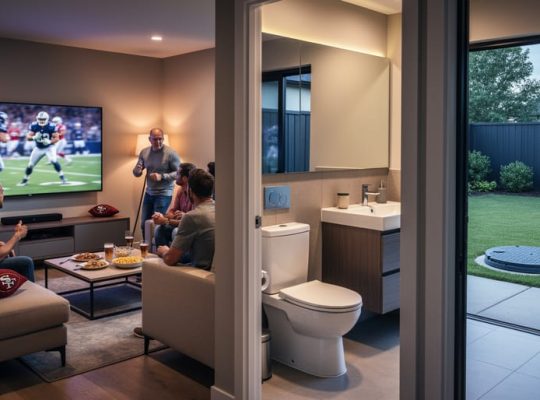 Modern living room hosting a sports watch party with an adjacent bathroom showing a dual-flush toilet and faucet, plus a backyard view of a septic access cover, illustrating increased septic load during gatherings.