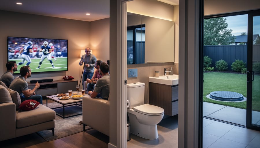 Modern living room hosting a sports watch party with an adjacent bathroom showing a dual-flush toilet and faucet, plus a backyard view of a septic access cover, illustrating increased septic load during gatherings.